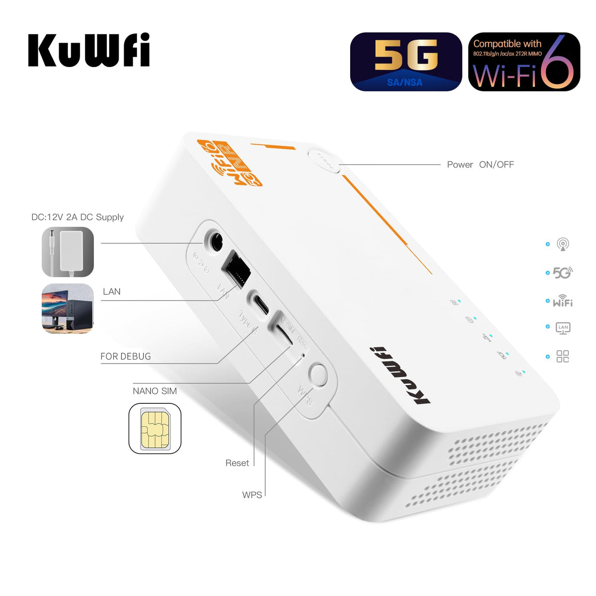 KuWFi 5G WiFi 6 Mobiler Router – AX3600 Dual-Band Hotspot mit SIM & eSIM, bis zu 2,5 Gbit/s – Produktansicht 2