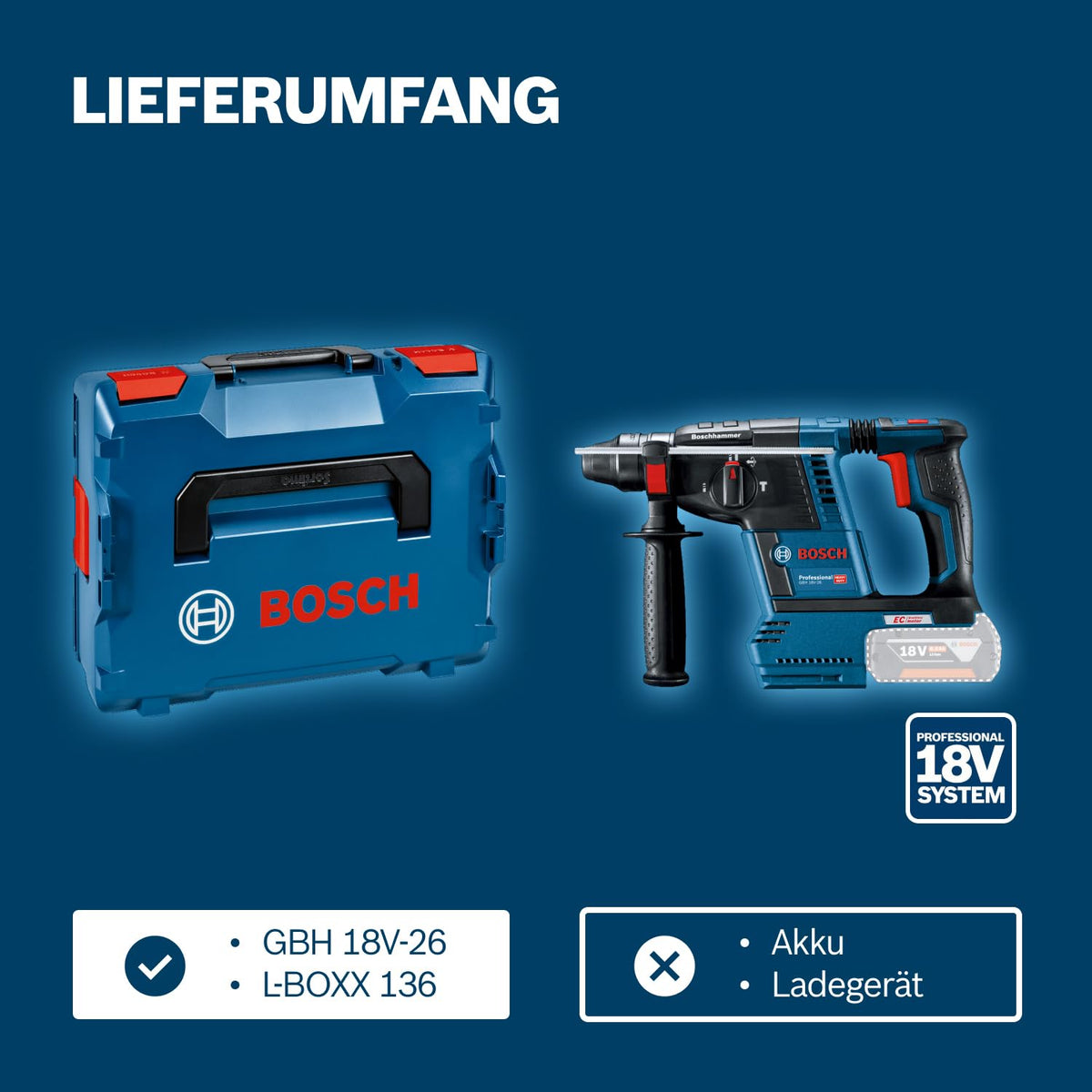 Bosch PRO 18 V System Akku Bohrhammer GBH 18 V-26 (SDS Plus, Bohr-Ø max: Beton/Stahl/Holz 26/13/30 mm, inkl. Zusatzhandgriff,