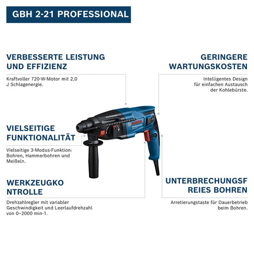 Bosch PRO Bohrhammer GBH 2-21 (mit SDS plus, inkl. Schnellspannbohrfutter mit SDS plus-Adapter, Zusatzhandgriff, Maschinentuc