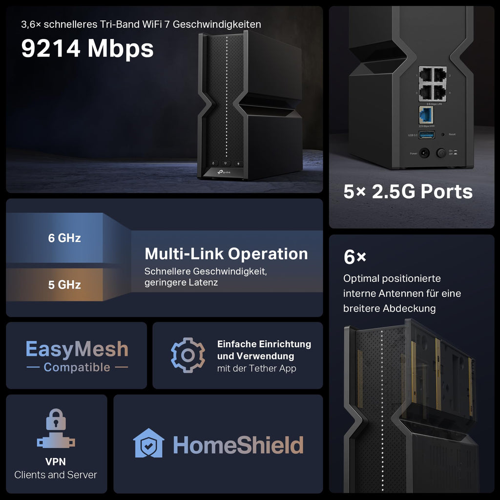 TP-Link Archer BE550 – Wi-Fi 7 BE9300 Tri-Band Router mit 2.5G Ports & VPN – Produktansicht 6