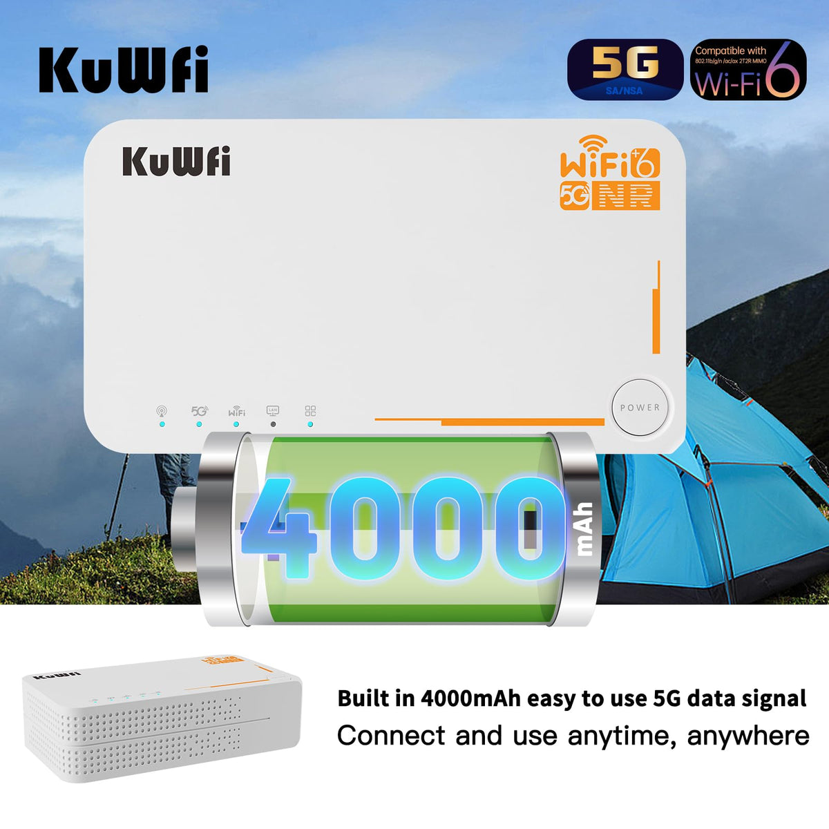KuWFi 5G WiFi 6 Mobiler Router – AX3600 Dual-Band Hotspot mit SIM & eSIM, bis zu 2,5 Gbit/s – Produktansicht 6