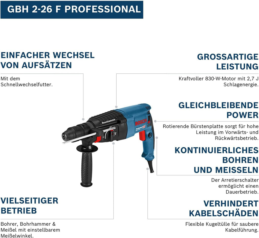 Bosch PRO Bohrhammer GBH 2-26 F (Leistung 830 Watt, Wechselfutter SDS-plus, inkl. Zusatzhandgriff, Tiefenanschlag, Maschinent