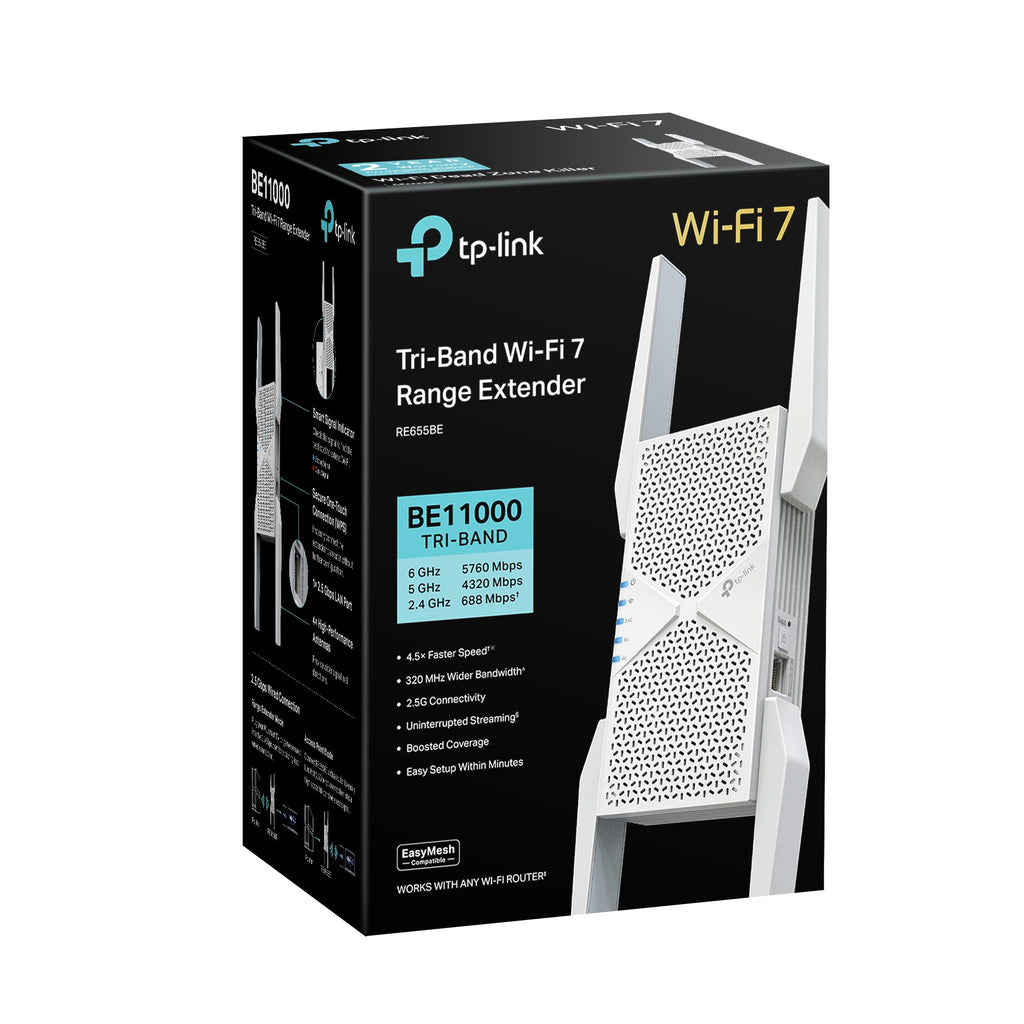 TP-Link RE655BE Tri-Band WiFi 7 Repeater – BE9300, EasyMesh, 2.5G LAN, WPA3 – Produktansicht 3