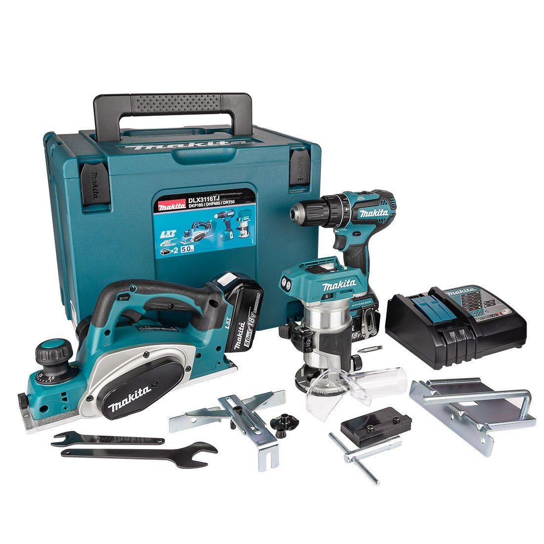 Makita DLX3116TJ 18 V LXT Akku Dreierset DHP485, DRT50 & DKP180 inkl. 2x 5,0 Ah Akkus – Produktansicht 1